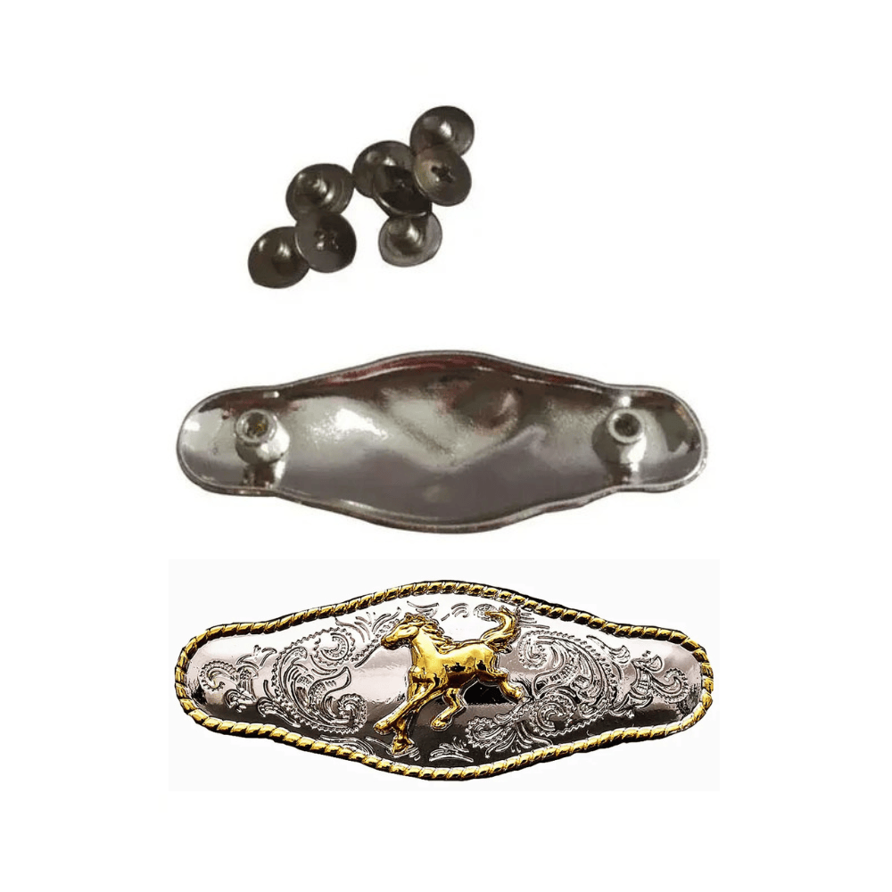 Concho western i metall med hästmönster i relief