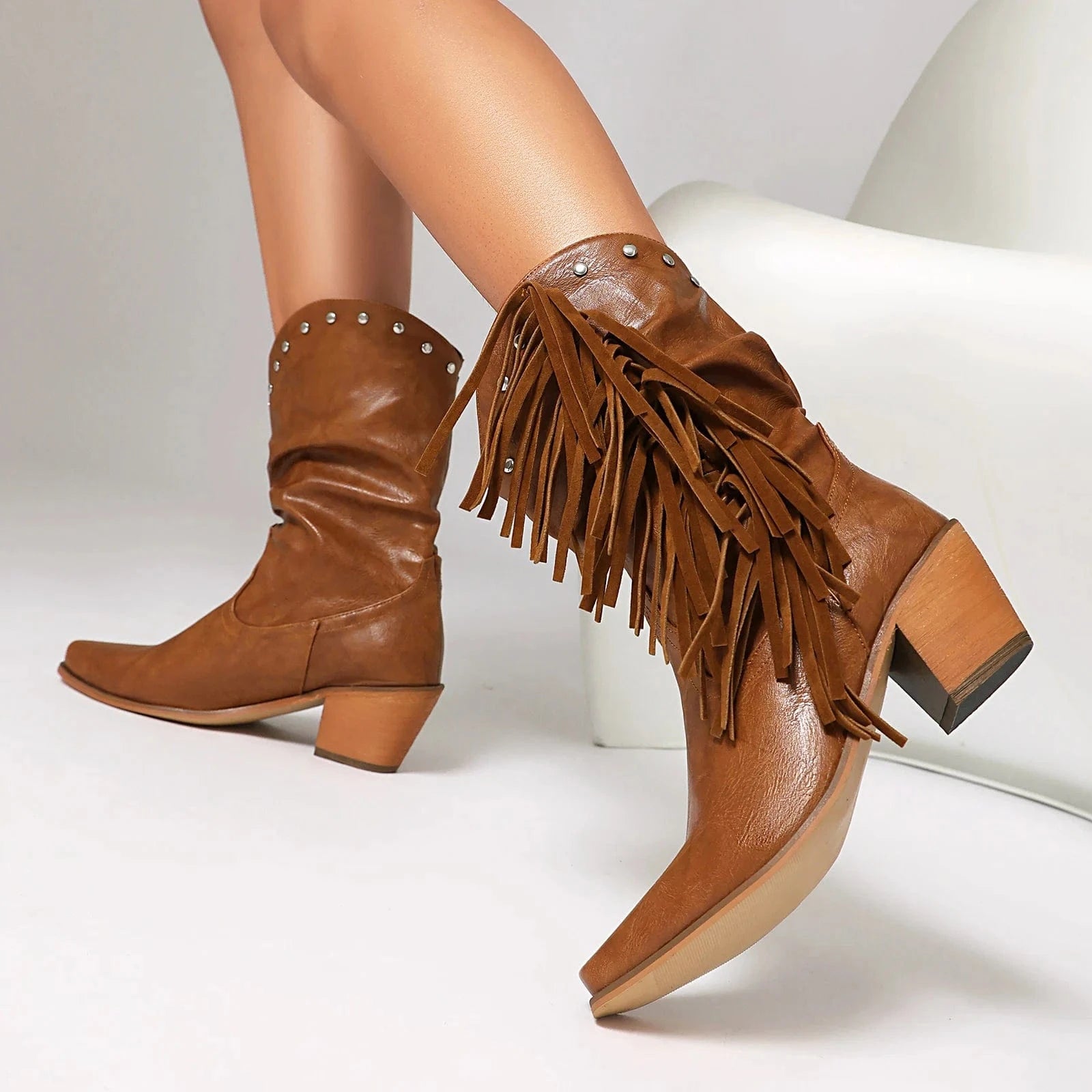 Låga Cowboyboots i Slouchy Stil med Fransar för Dam