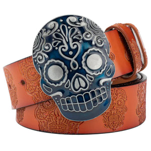 Cowboybälte Äkta Läder Dödskalle Blå och Orange / 90cm