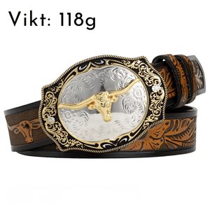 Cowboybälte i läder tjurhuvudspänne