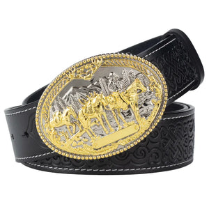 Cowboybälte i läder westernspänne Silver Gyllene Svart / 90cm