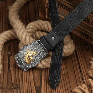 Cowboybälte med gyllene hästhuvud