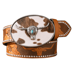Cowboybälte med spänne i kohudsmönster Ljudbrun silver / 120cm