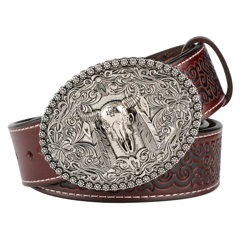 Cowboybälte med tjurskallespänne i äkta läder A Rödbrun / 95cm