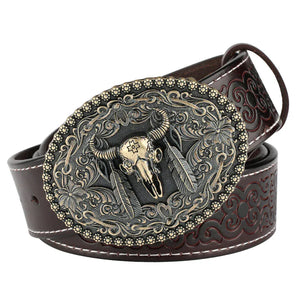 Cowboybälte med tjurskallespänne i äkta läder C Mörkbrun / 95cm
