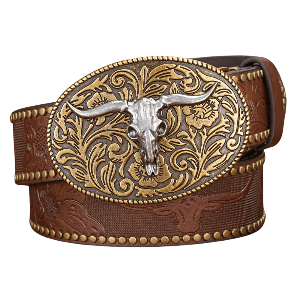 Cowboybälte silver tjurhuvud Mörkbrun / 120cm