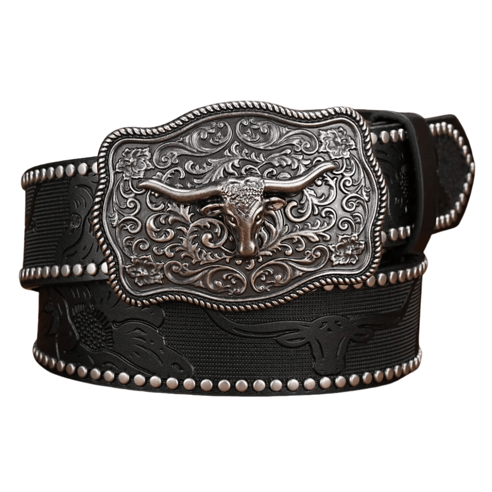Cowboybältet med graverat longhornsspänne Svart / 120cm