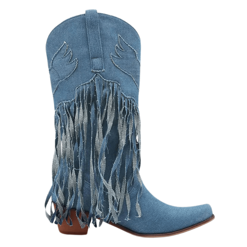 Cowboyboots i denim med fransar och blockklack