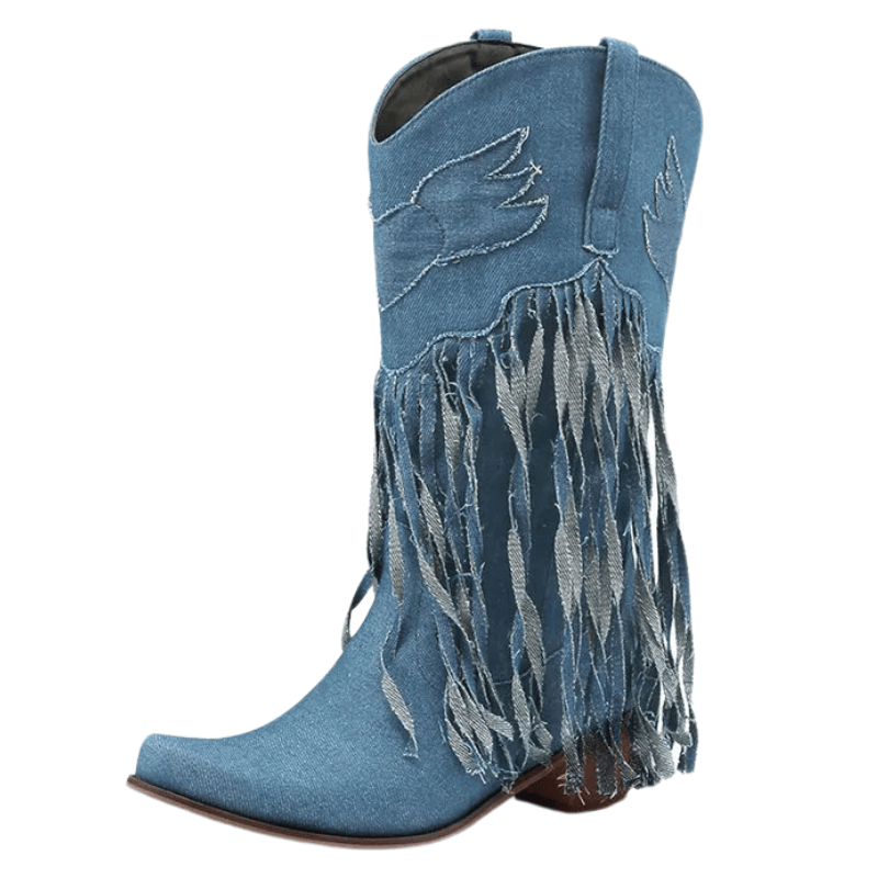 Cowboyboots i denim med fransar och blockklack