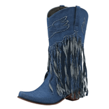 Cowboyboots i denim med fransar och blockklack