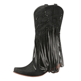 Cowboyboots i denim med fransar och blockklack