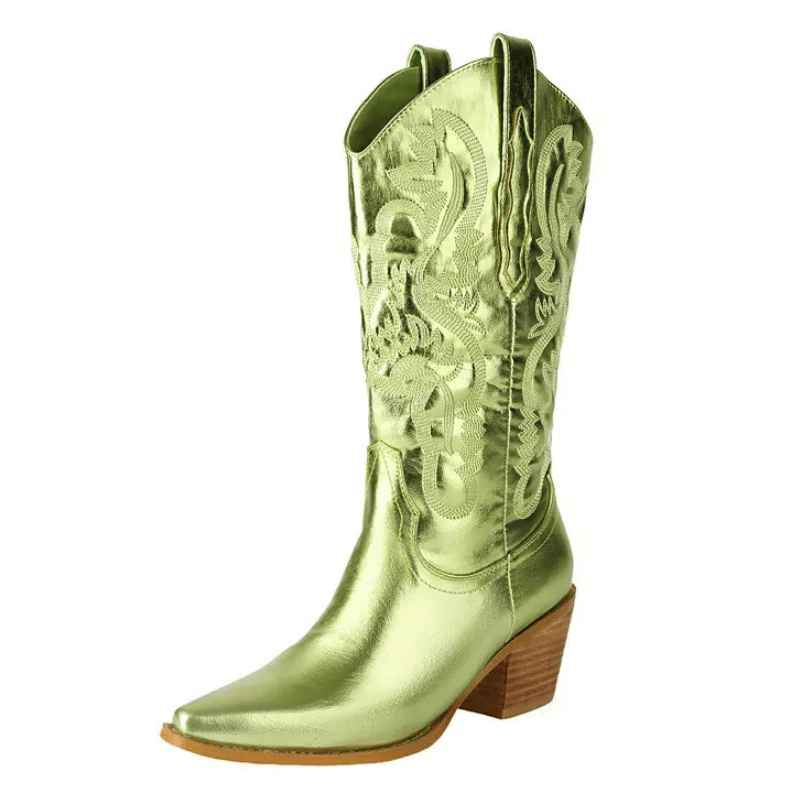 Cowboyboots i präglat läder med broderade detaljer Grön / 35