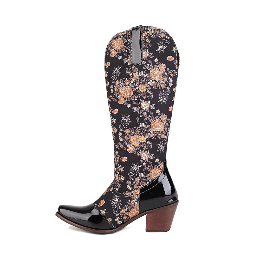 Cowboyboots med Blommönster och Fyrkantig Klack