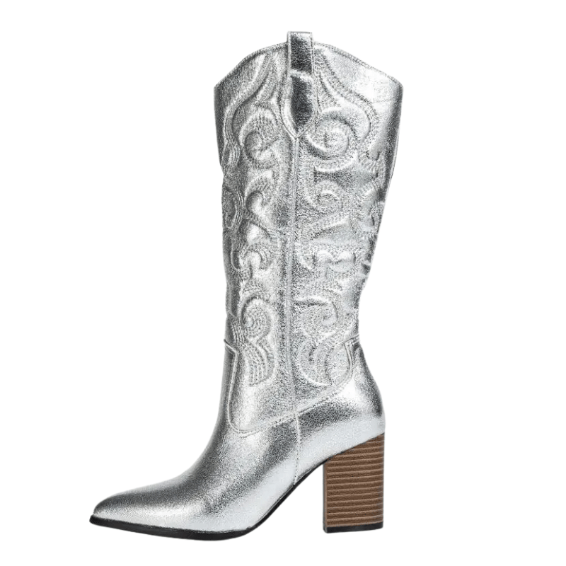 Cowboyboots med broderad metallisk yta och spetsig tå