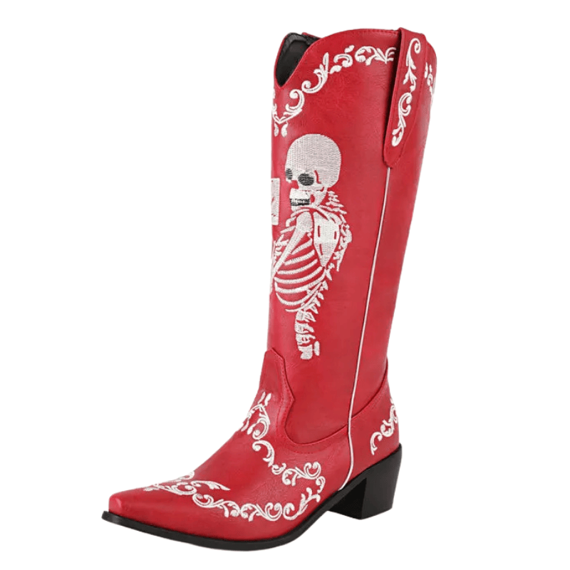 Cowboyboots med broderad skelettdesign och chunky klack