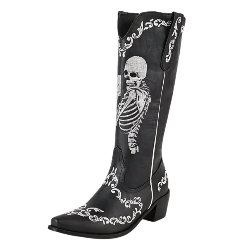 Cowboyboots med broderad skelettdesign och chunky klack Svart / 36