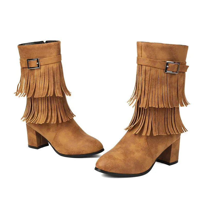 Cowboyboots med fransar och blockklack