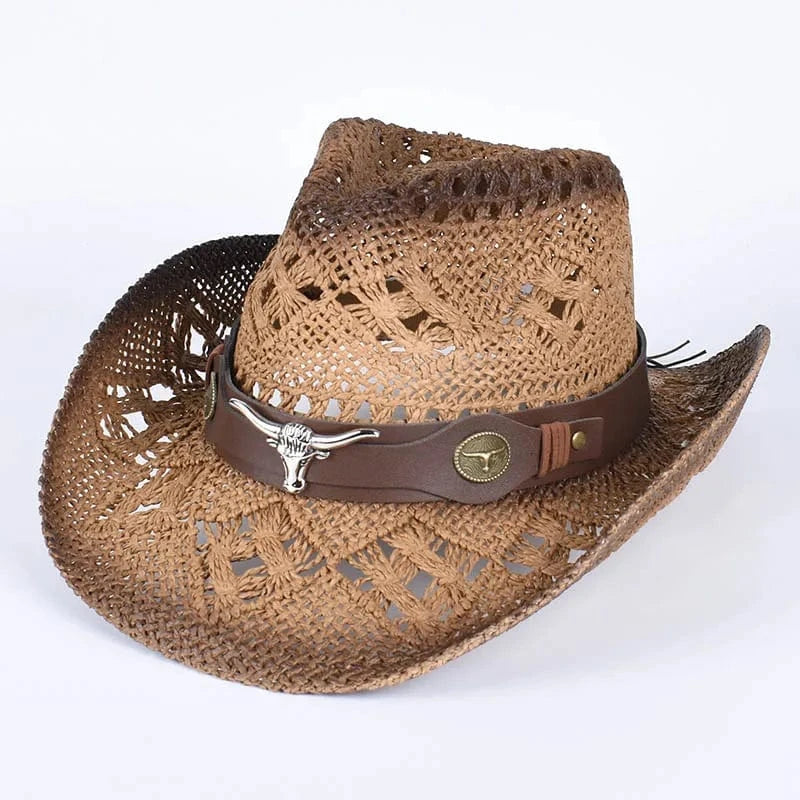 Cowboyhatt i flätad halm med tjurdetalj Brun-kaffe / Ungefär 58cm