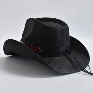 Cowboyhatt i halm med broderat bälte