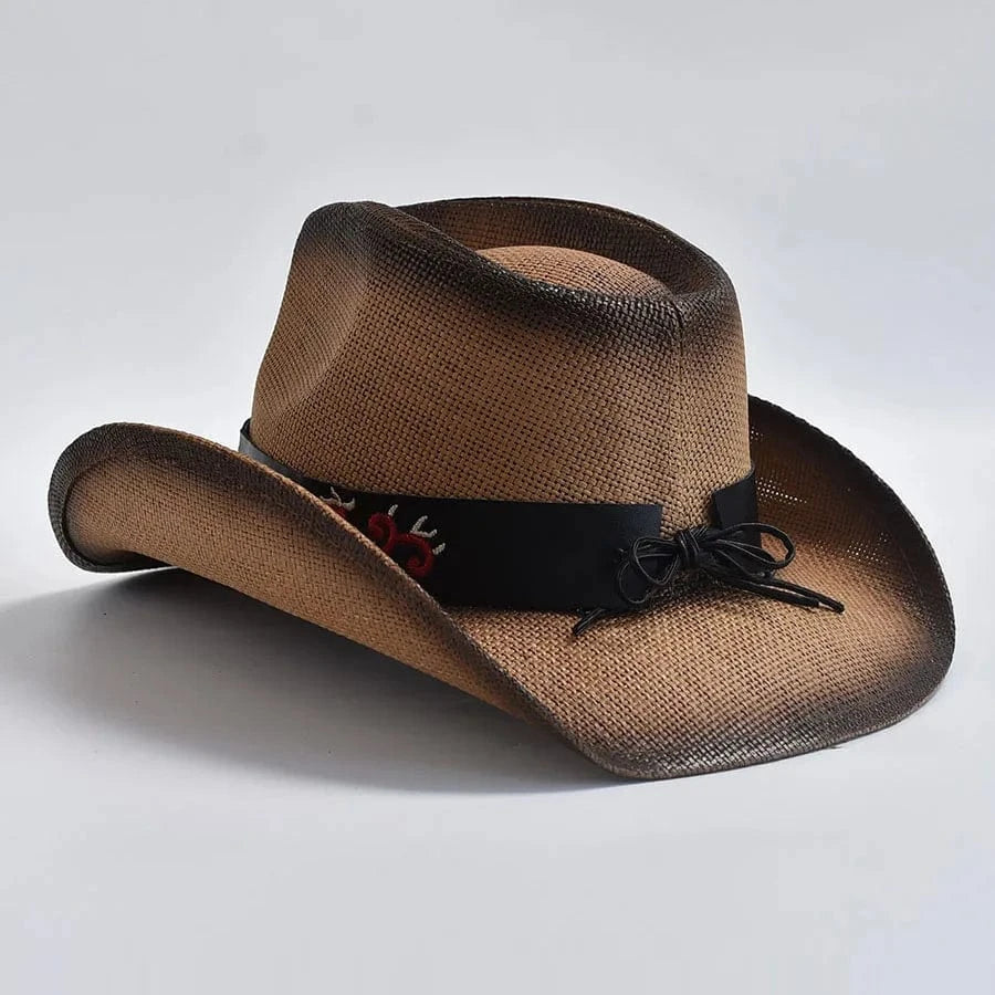 Cowboyhatt i halm med broderat bälte