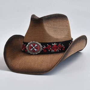 Cowboyhatt i halm med broderat bälte Ljusbrun / One Size