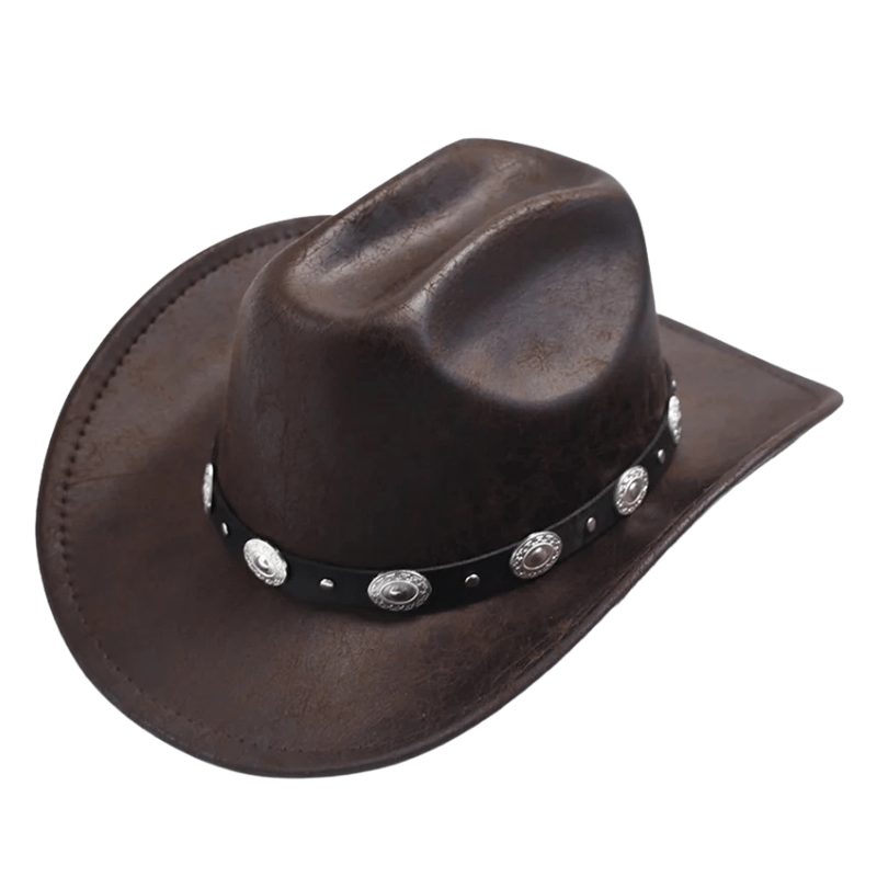 Cowboyhatt i mörk läderlook med silverdekorationer