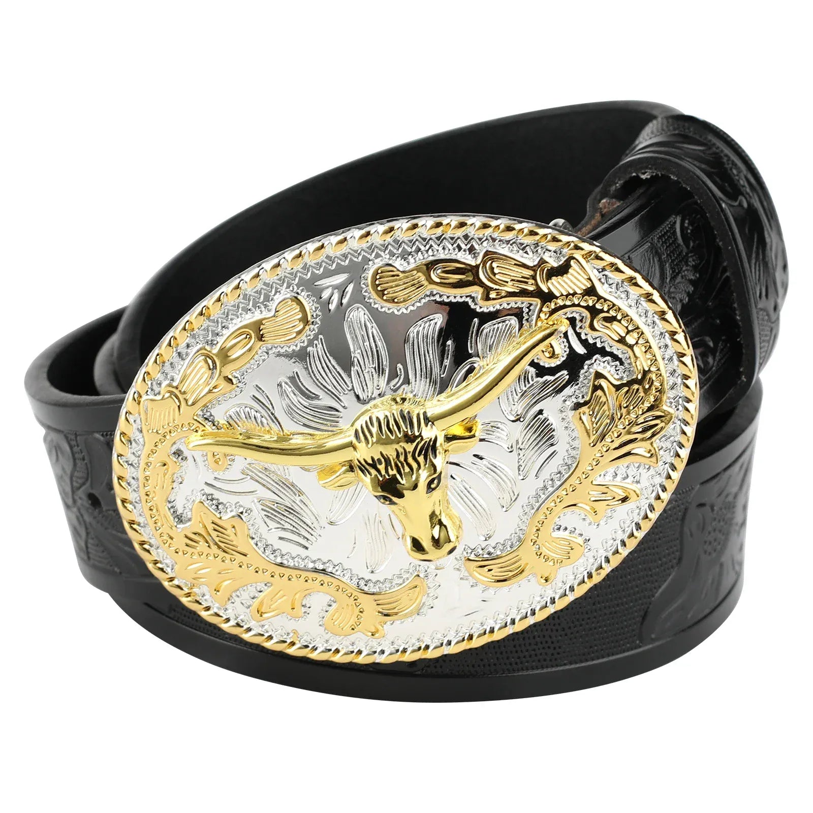 Cowboyläderbälte gyllene tjurspänne Svart / 95cm