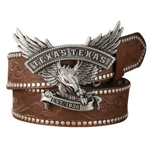 Cowboyläderbälte med Texas örnspänne Brun Silver / 120cm