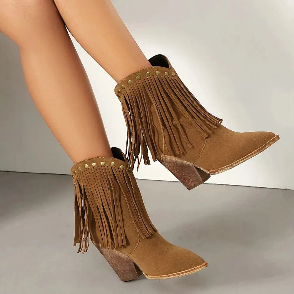 Cowgirl-Ankelboots i Mocka med Fransar
