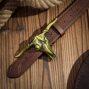 Elegant westernläderbälte med tjurskalle Mörkbrun / 120cm