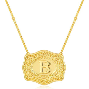 Embossed Belt Buckle Pendant Necklace for Men Punk Jewelry Gold Color A-Z Initial Letter Necklaces Women Western Jewelry Gift B / Silver / CHINA