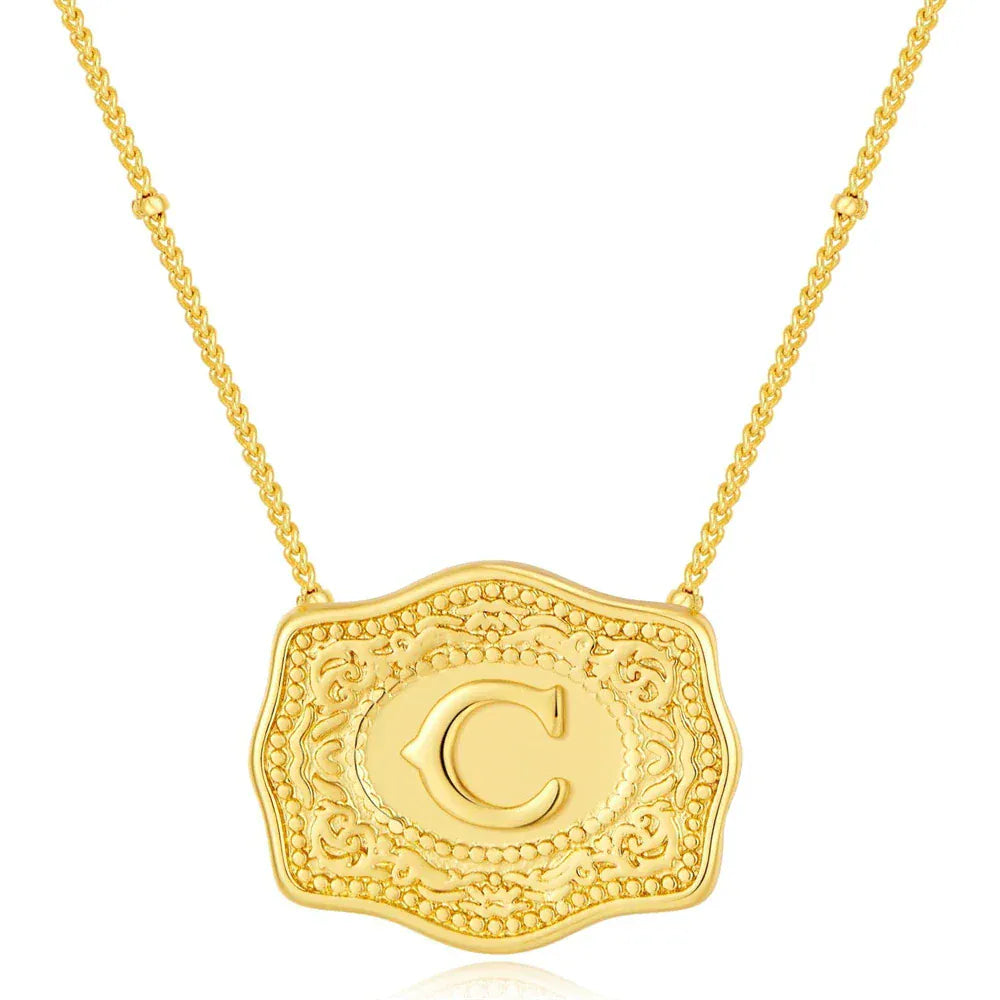 Embossed Belt Buckle Pendant Necklace for Men Punk Jewelry Gold Color A-Z Initial Letter Necklaces Women Western Jewelry Gift C / Silver / CHINA