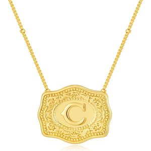 Embossed Belt Buckle Pendant Necklace for Men Punk Jewelry Gold Color A-Z Initial Letter Necklaces Women Western Jewelry Gift C / Silver / CHINA