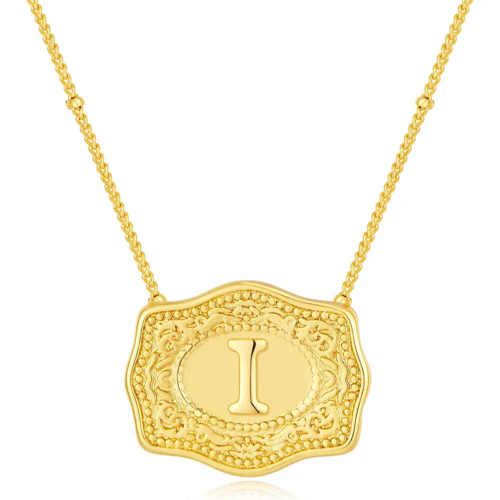 Embossed Belt Buckle Pendant Necklace for Men Punk Jewelry Gold Color A-Z Initial Letter Necklaces Women Western Jewelry Gift I / Silver / CHINA