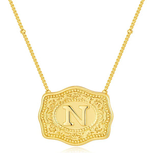 Embossed Belt Buckle Pendant Necklace for Men Punk Jewelry Gold Color A-Z Initial Letter Necklaces Women Western Jewelry Gift N / Silver / CHINA