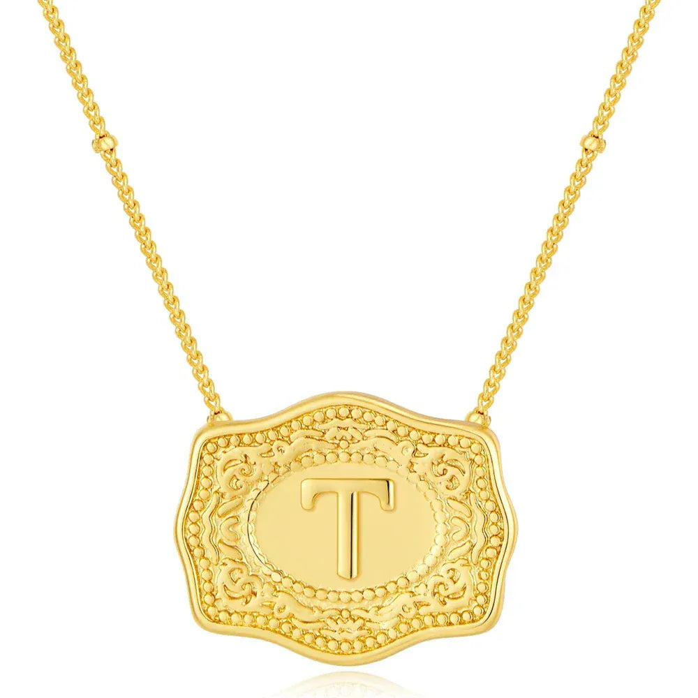 Embossed Belt Buckle Pendant Necklace for Men Punk Jewelry Gold Color A-Z Initial Letter Necklaces Women Western Jewelry Gift T / Silver / CHINA
