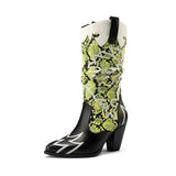 Tvåfärgade Cowgirl Boots med Färgglatt Ormskinnsmönster Grön / 35