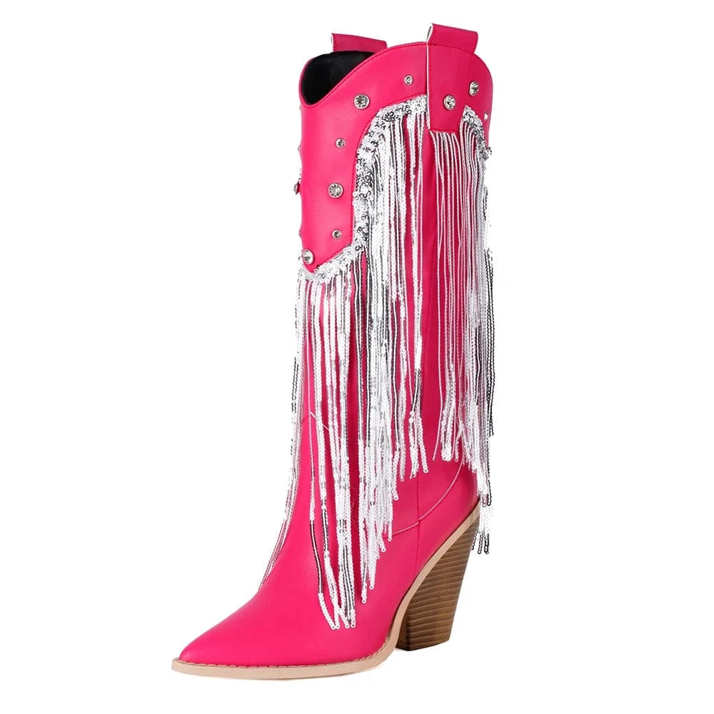 Fransiga Cowboyboots i Glansig Läderlook med Kilklack