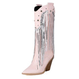 Fransiga Cowboyboots i Glansig Läderlook med Kilklack