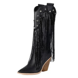 Fransiga Cowboyboots i Glansig Läderlook med Kilklack