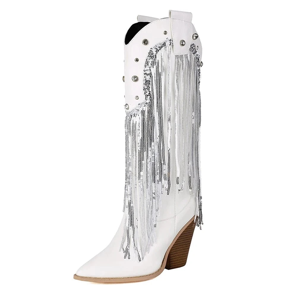 Fransiga Cowboyboots i Glansig Läderlook med Kilklack