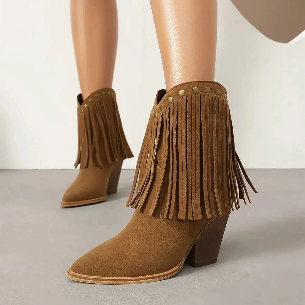 Cowgirl-Ankelboots i Mocka med Fransar