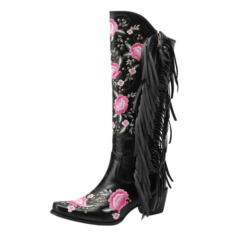 Höga Cowboyboots med Blomsterbroderi och Fransar