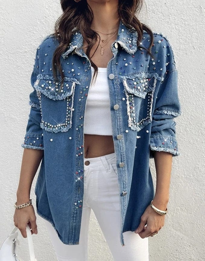 Jeansjacka dam med pärlor och strass