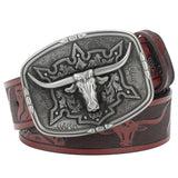 Läderbälte western longhornspänne Silver Rödbrun / 95cm