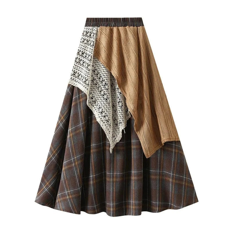 Långkjol i patchwork-stil med spets och rutigt mönster