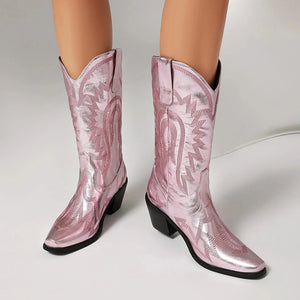 Metalliska Cowgirl Boots med Kontrastbrodyr