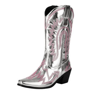 Metalliska Cowgirl Boots med Kontrastbrodyr Silver / 35