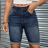 Mörkblå slim jeans shorts