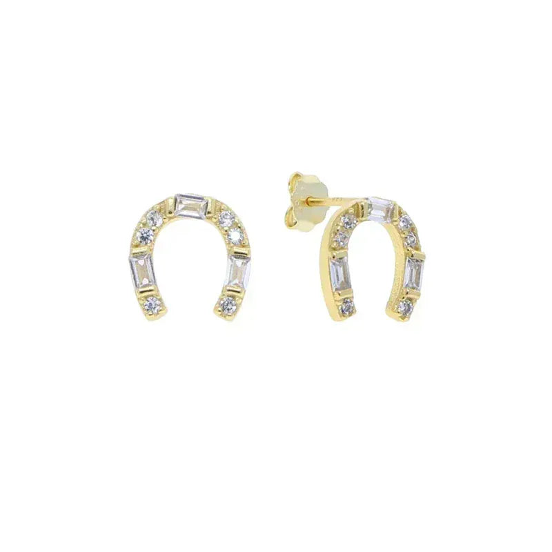 New 925 Sterling Silver Gold Color Mini Bling CZ Snaffle Bit Shape Stud Earring Charm Equestrian Horse Jewelry E234-Gold
